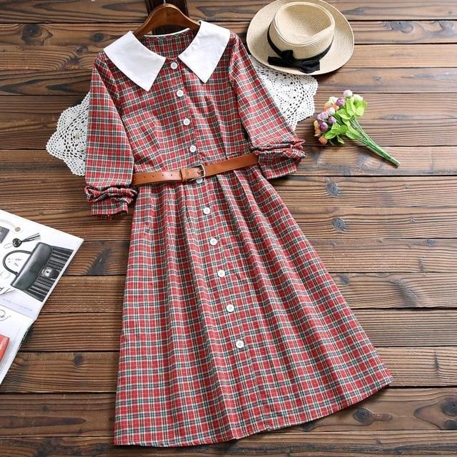 Japan Style Mori Girl Checked Vintage Dress Autumn and Winter Women Lo electric blue linen dress Japan Style Mori Girl Checked Vintage Dress Autumn and Winter Women Lo electric blue linen dress